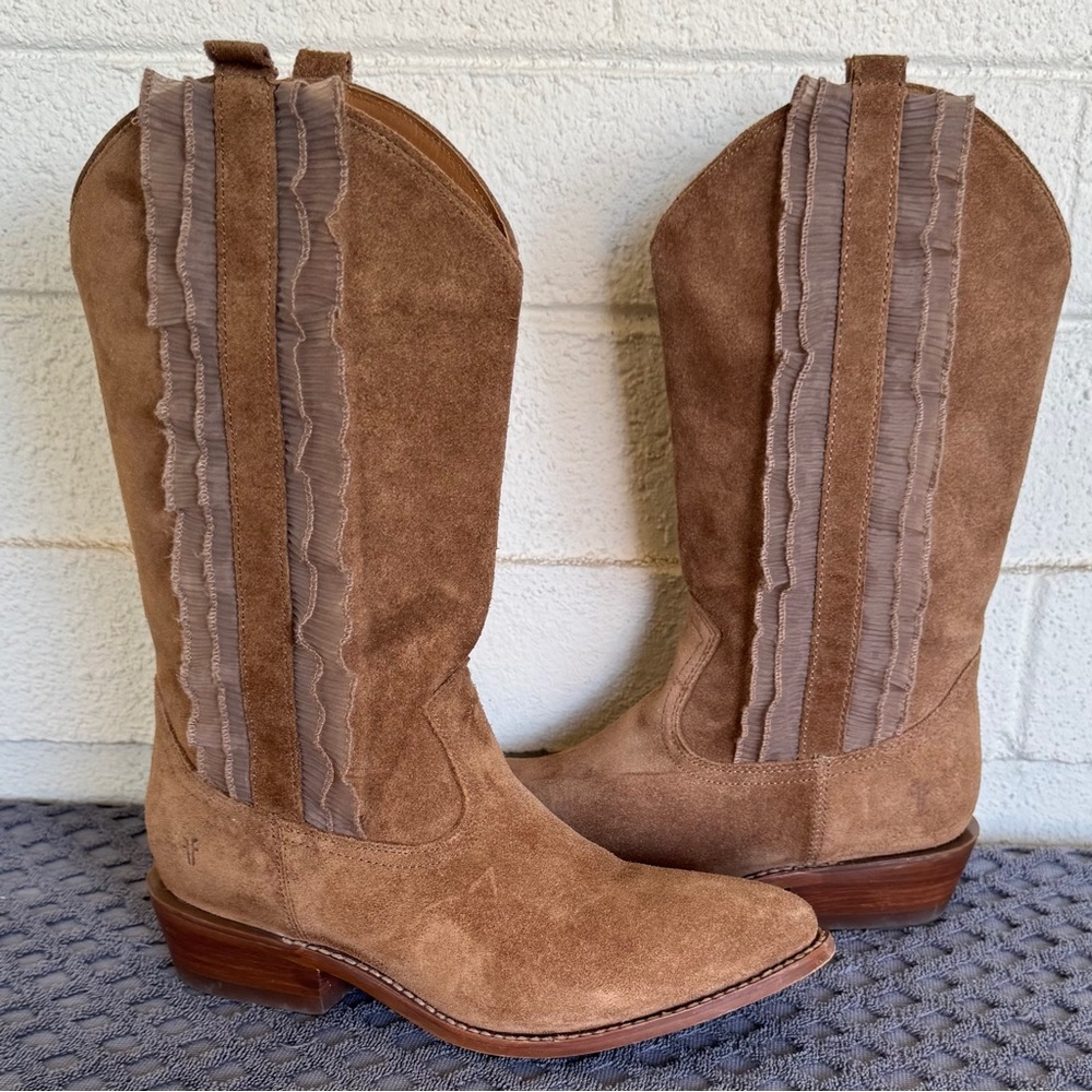 Frye Billy Suede Ruffle Western Boots Almond  8.5 B